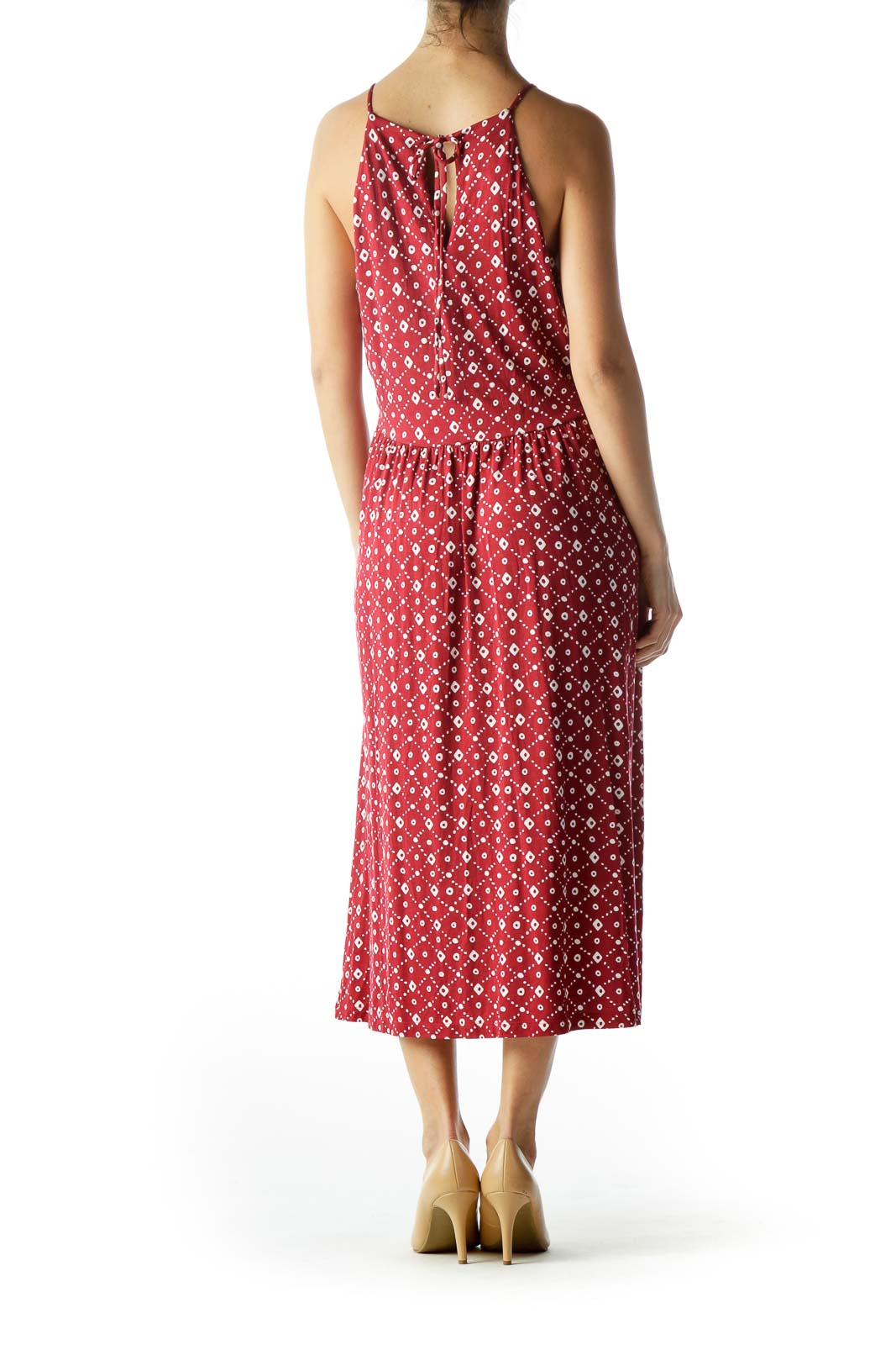 Red White Print Halter Neckline Jersey Dress