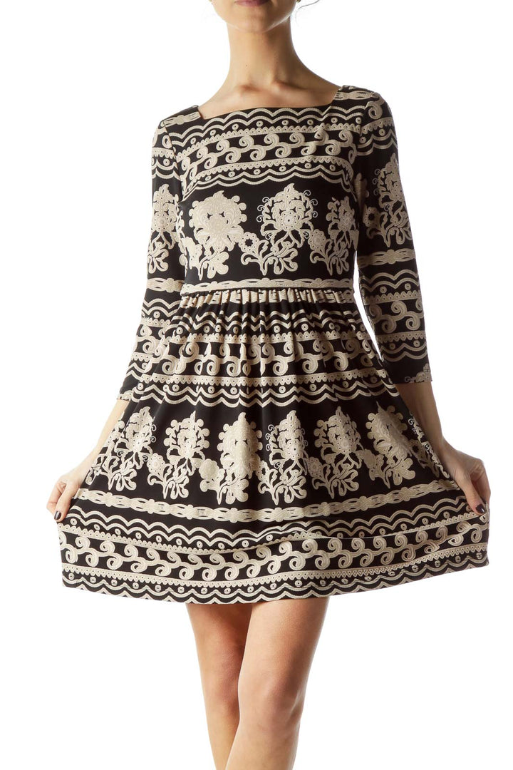 Black Beige Print 3/4 Sleeve Dress