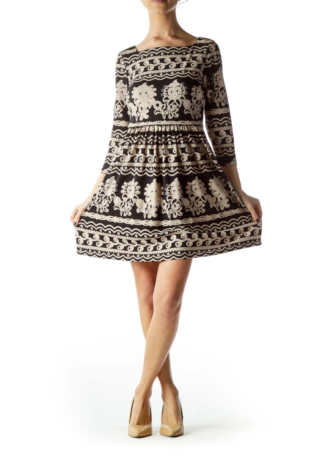 Black Beige Print 3/4 Sleeve Dress