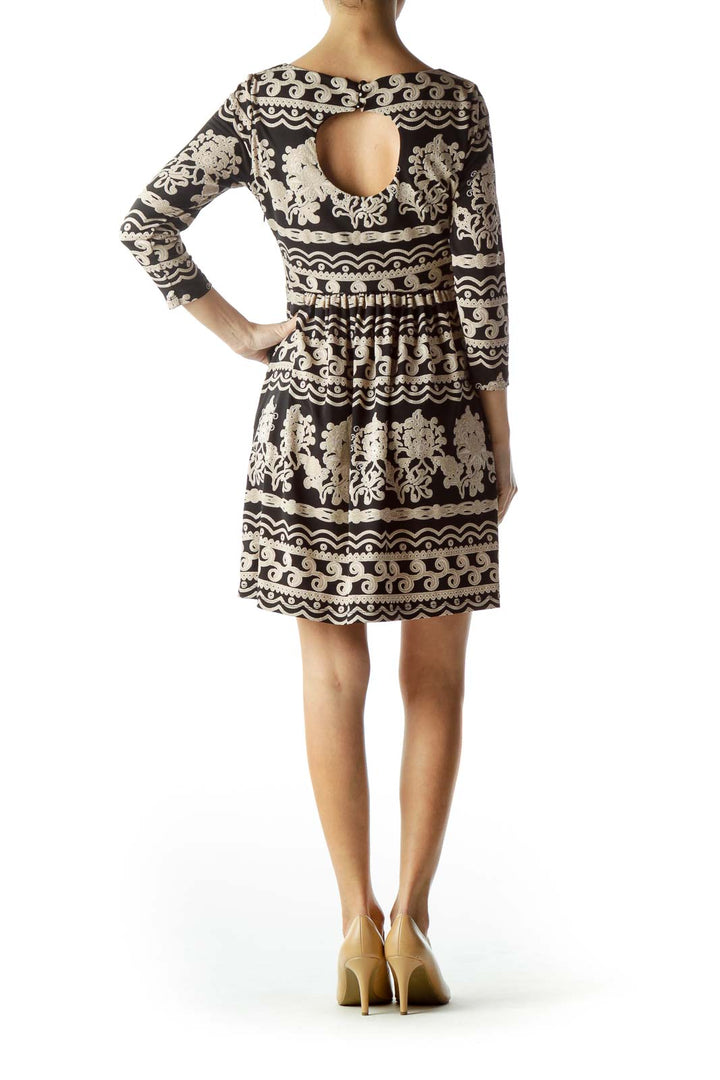 Black Beige Print 3/4 Sleeve Dress