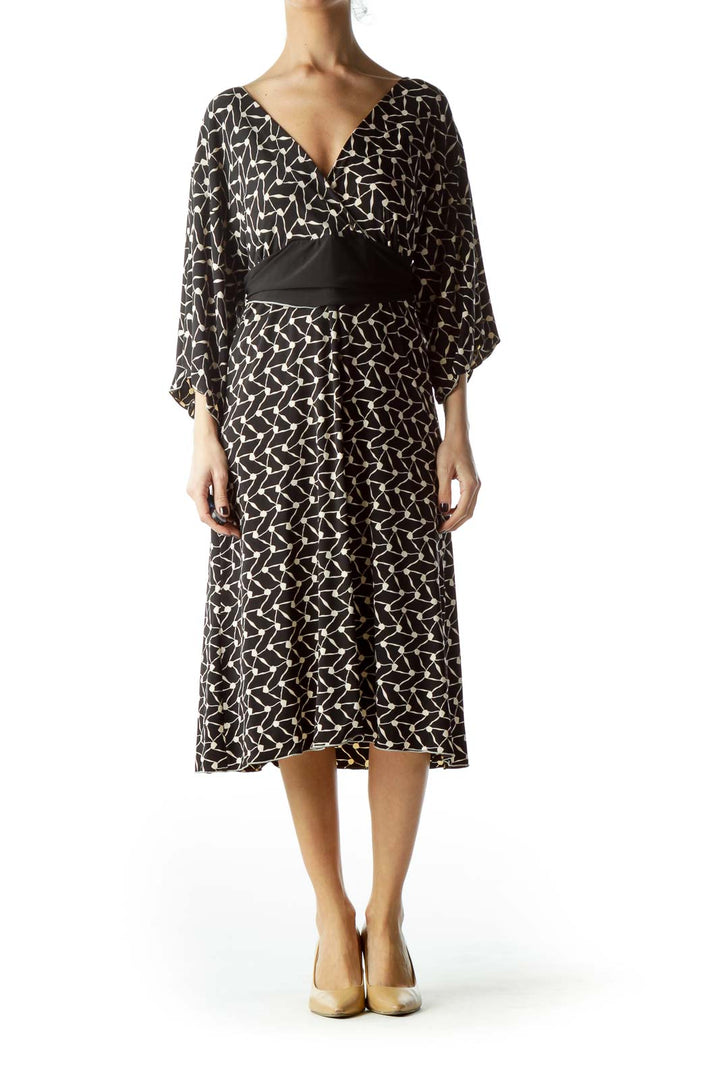 Black Beige Print Scrunched Work Dress