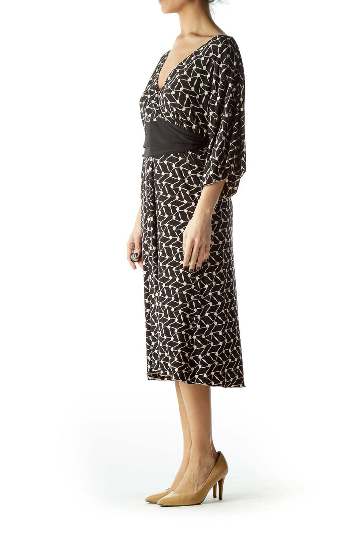 Black Beige Print Scrunched Work Dress