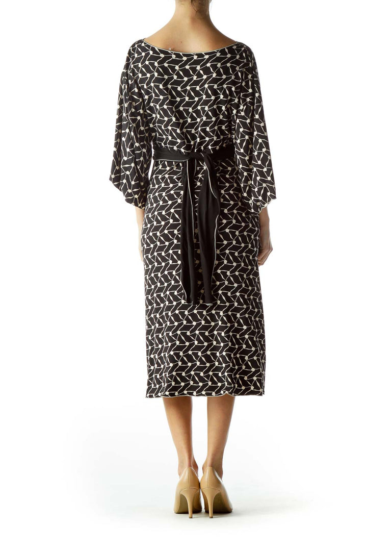 Black Beige Print Scrunched Work Dress