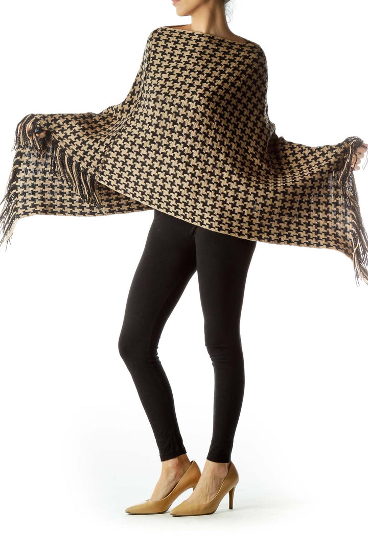 Black Beige Houndstooth Knitted Poncho