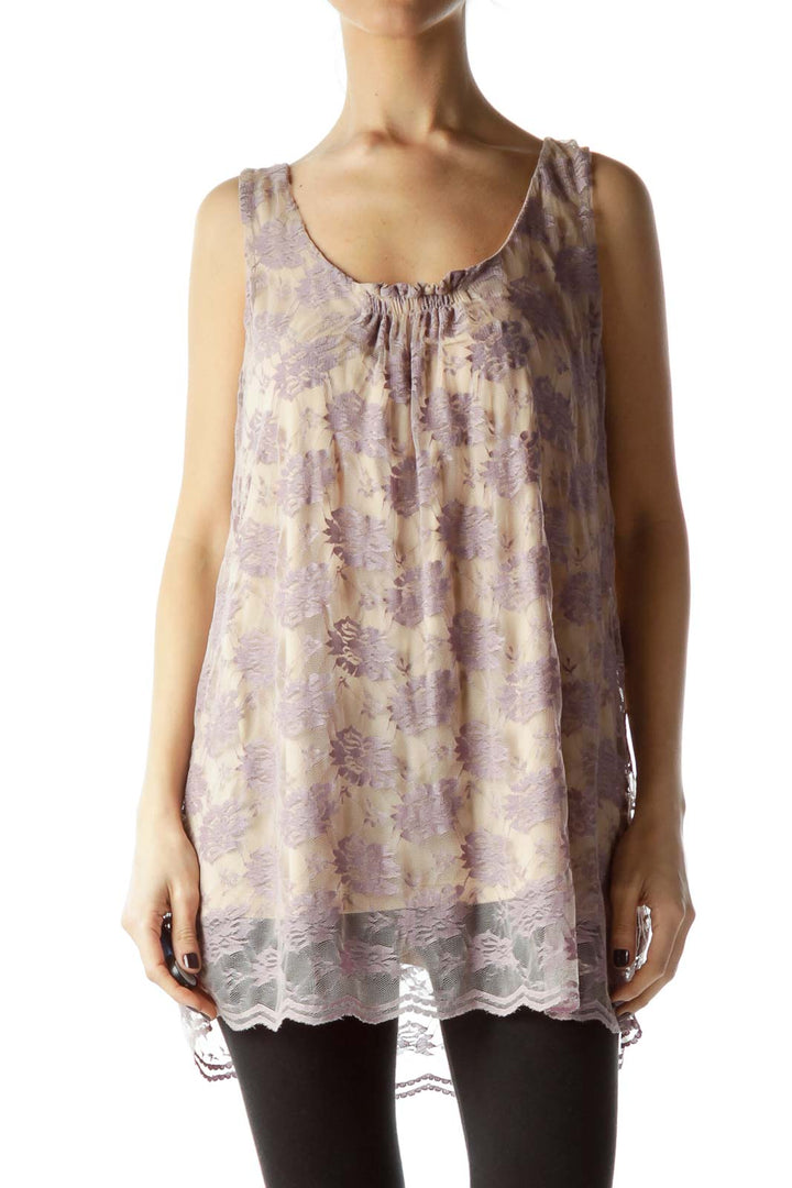 Beige Purple Lace Sleeveless Top