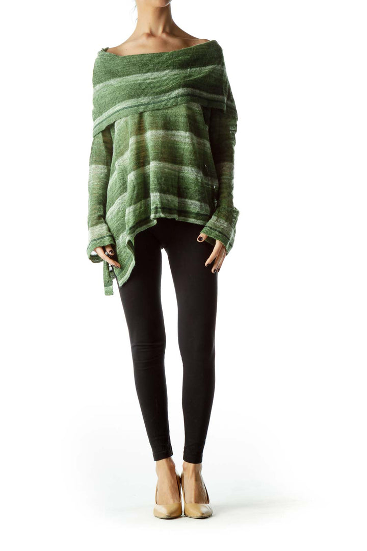 Green Cowl Neck Striped Knitted Sweater