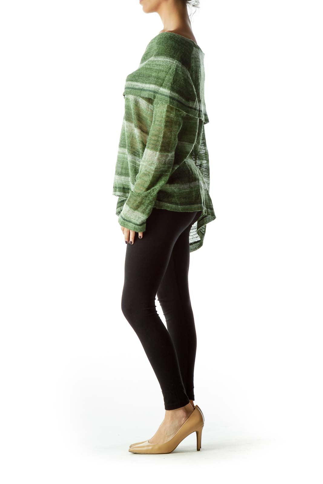 Green Cowl Neck Striped Knitted Sweater