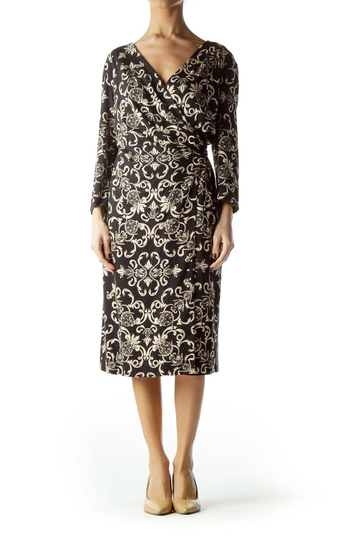 Black Cream and Gold Print Wrap Dress