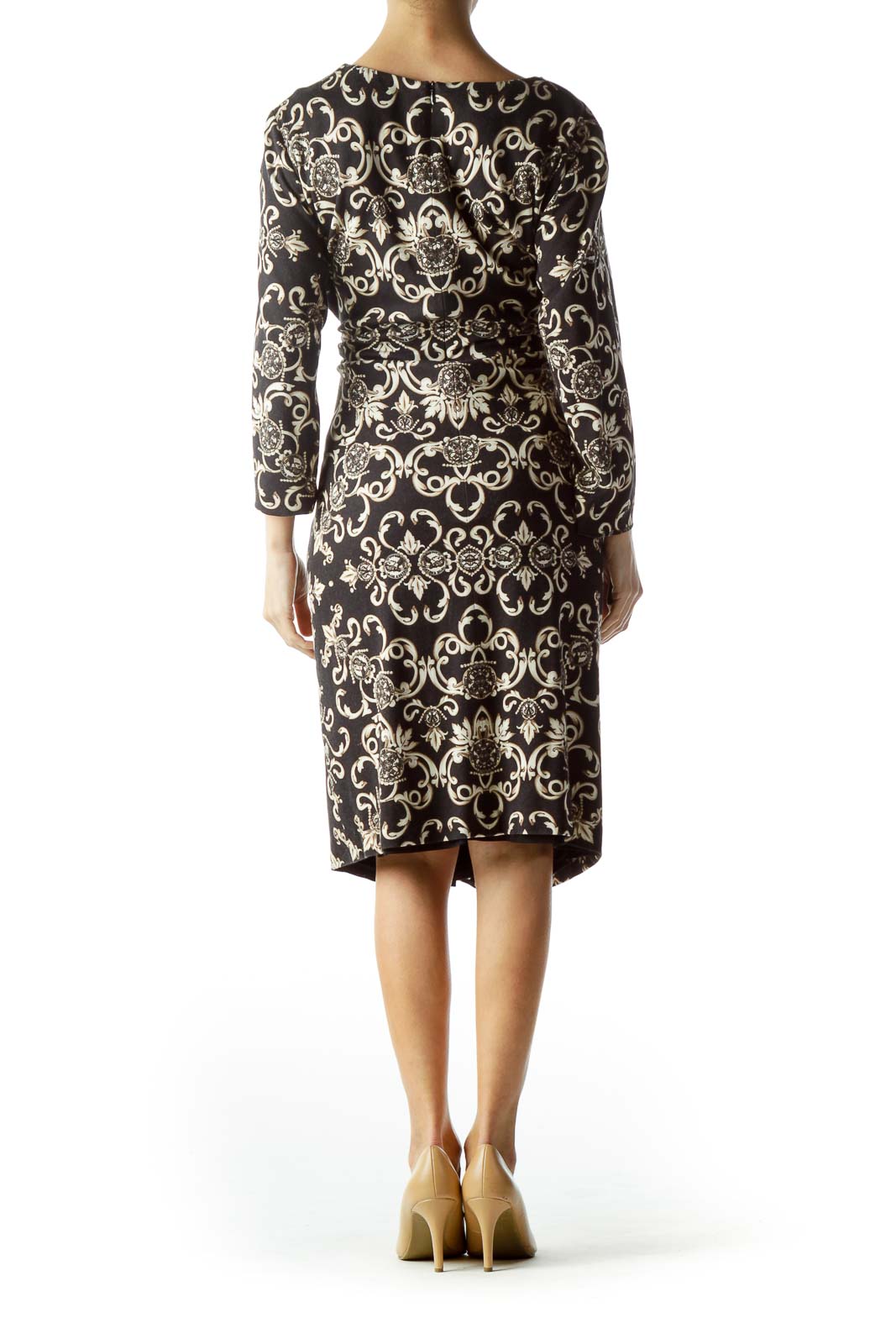 Black Cream and Gold Print Wrap Dress