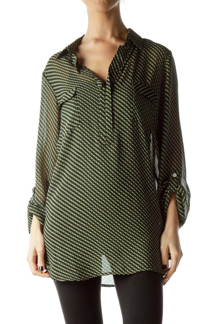 Green Black Geometric Print Long Blouse