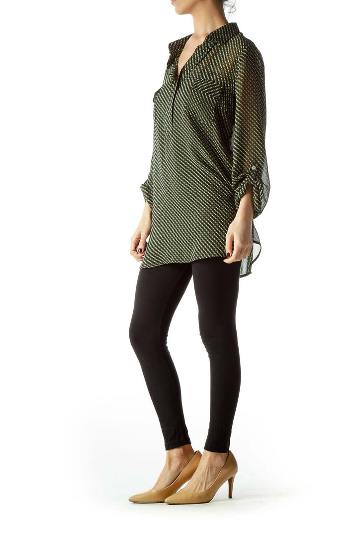 Green Black Geometric Print Long Blouse