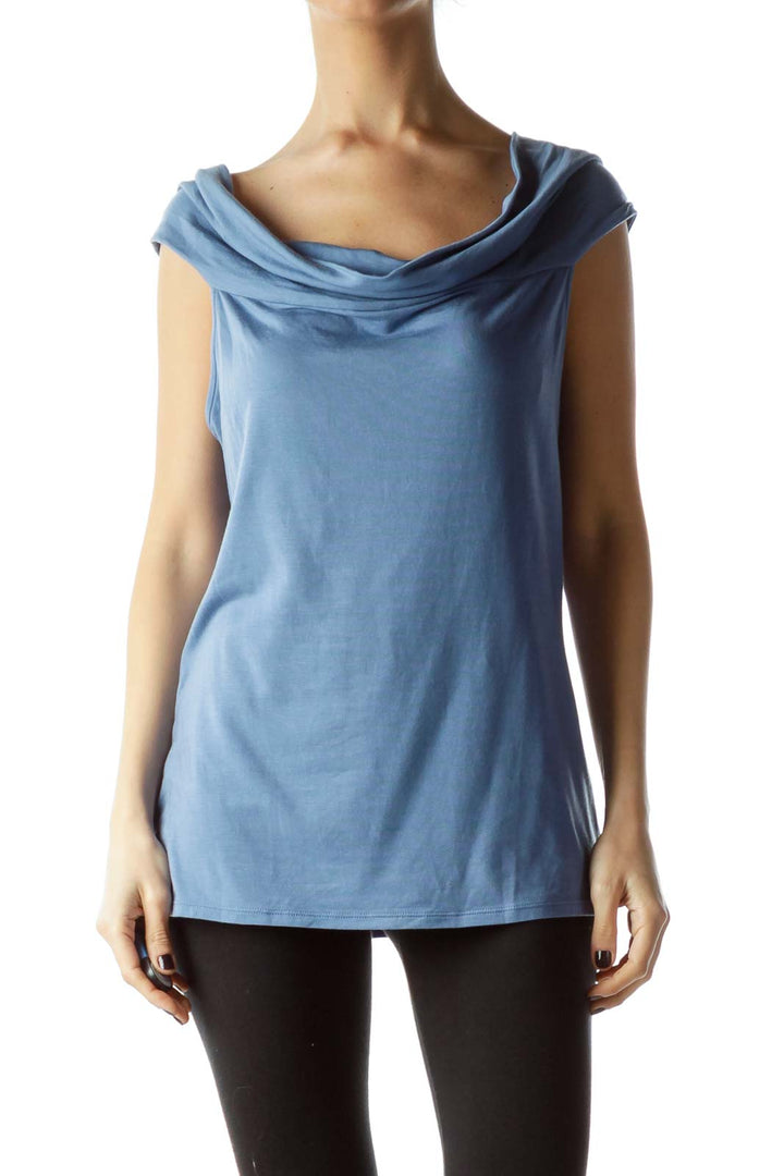 Blue Cowl Neck Sleeveless Stretch Top