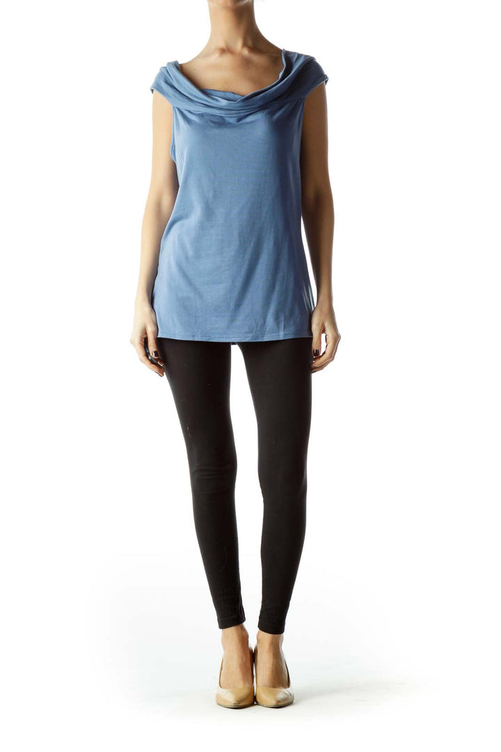 Blue Cowl Neck Sleeveless Stretch Top