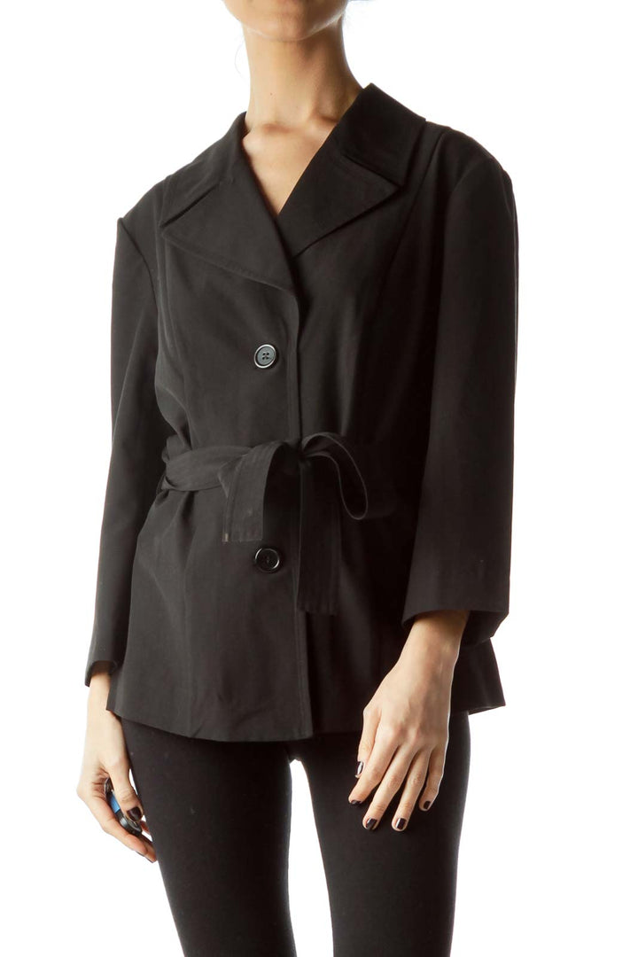 Black Buttoned Belted 3/4 Sleeve Light Blazer