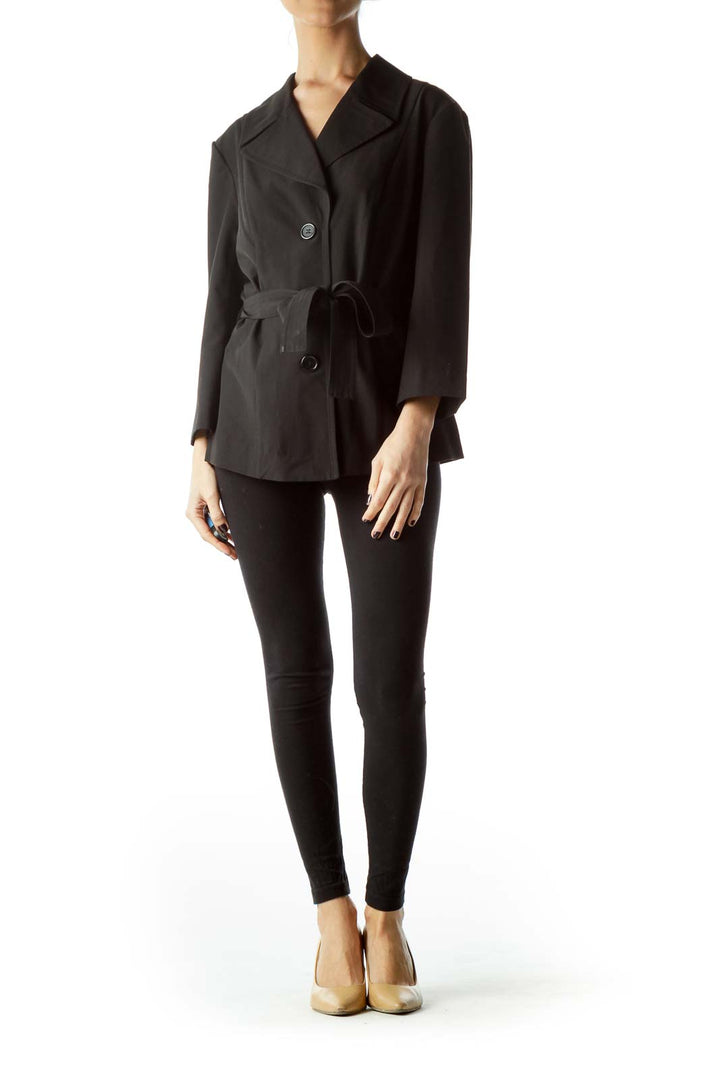 Black Buttoned Belted 3/4 Sleeve Light Blazer