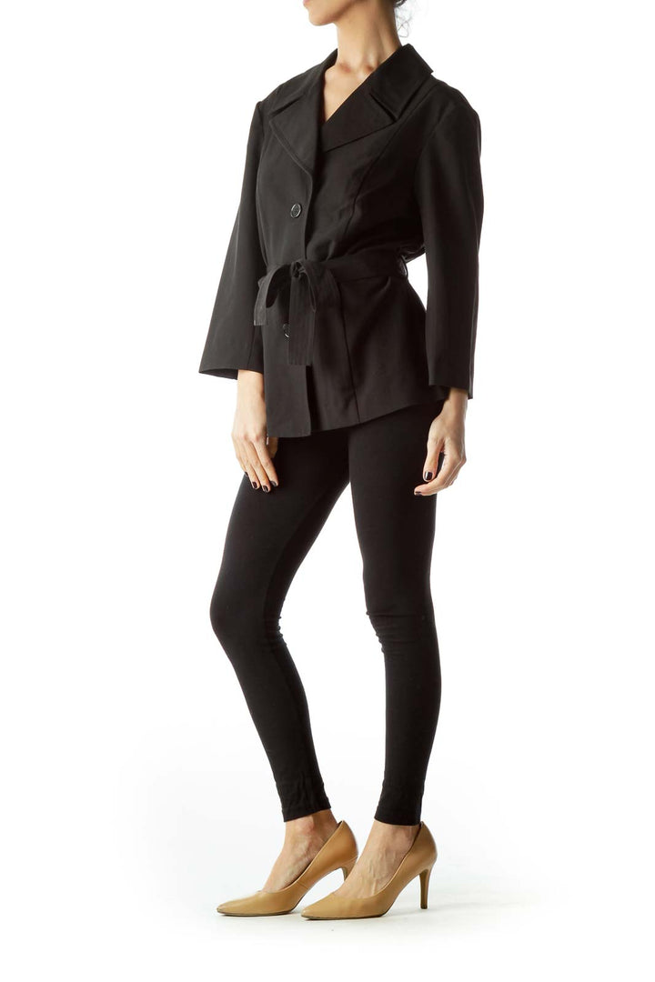 Black Buttoned Belted 3/4 Sleeve Light Blazer