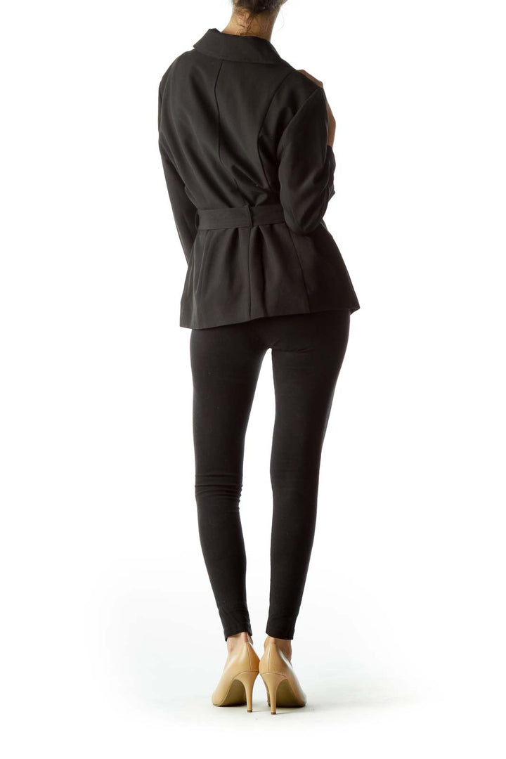 Black Buttoned Belted 3/4 Sleeve Light Blazer