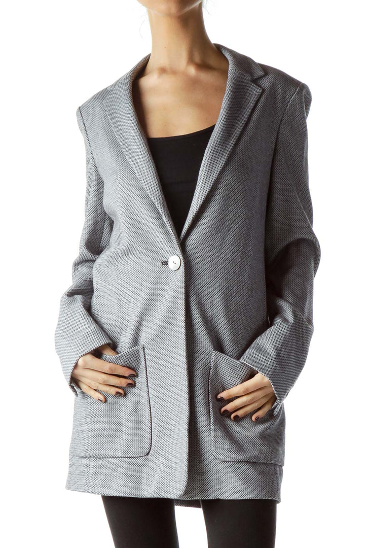 Gray Textured 100% Cotton Long Blazer