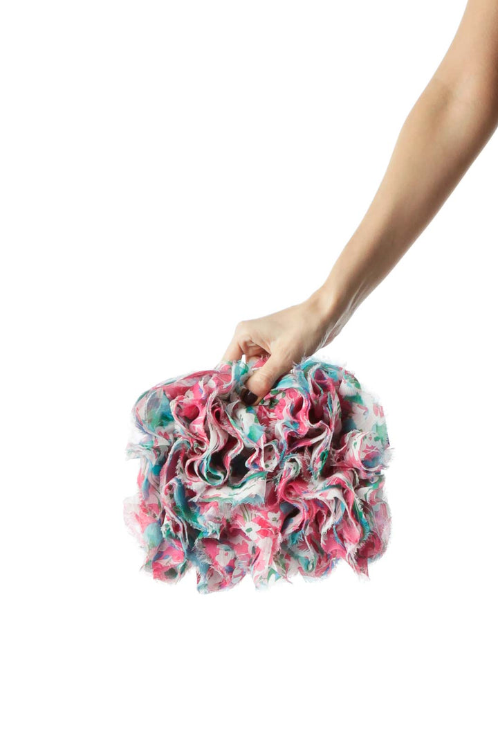 Multicolored Floral Print Ruffled Clutch with Chain Strap