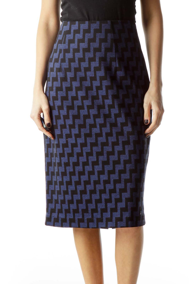 Black Blue Geometric Print Midi Pencil Knit Skirt