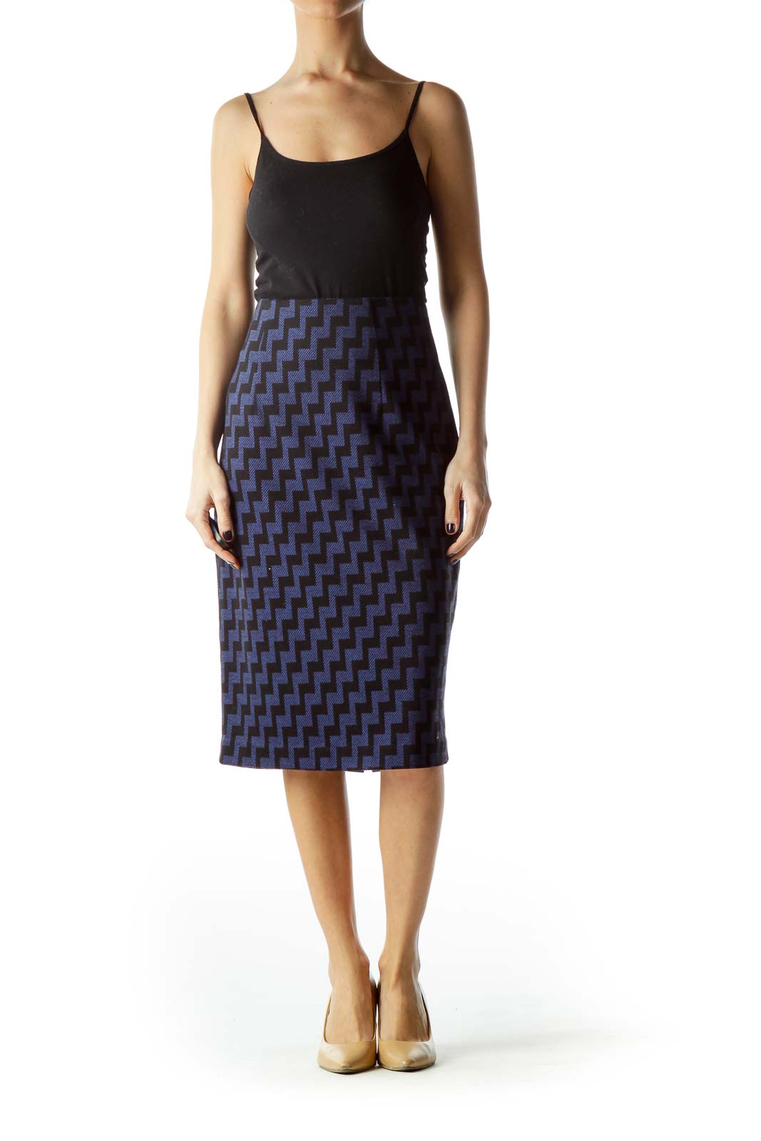 Black Blue Geometric Print Midi Pencil Knit Skirt