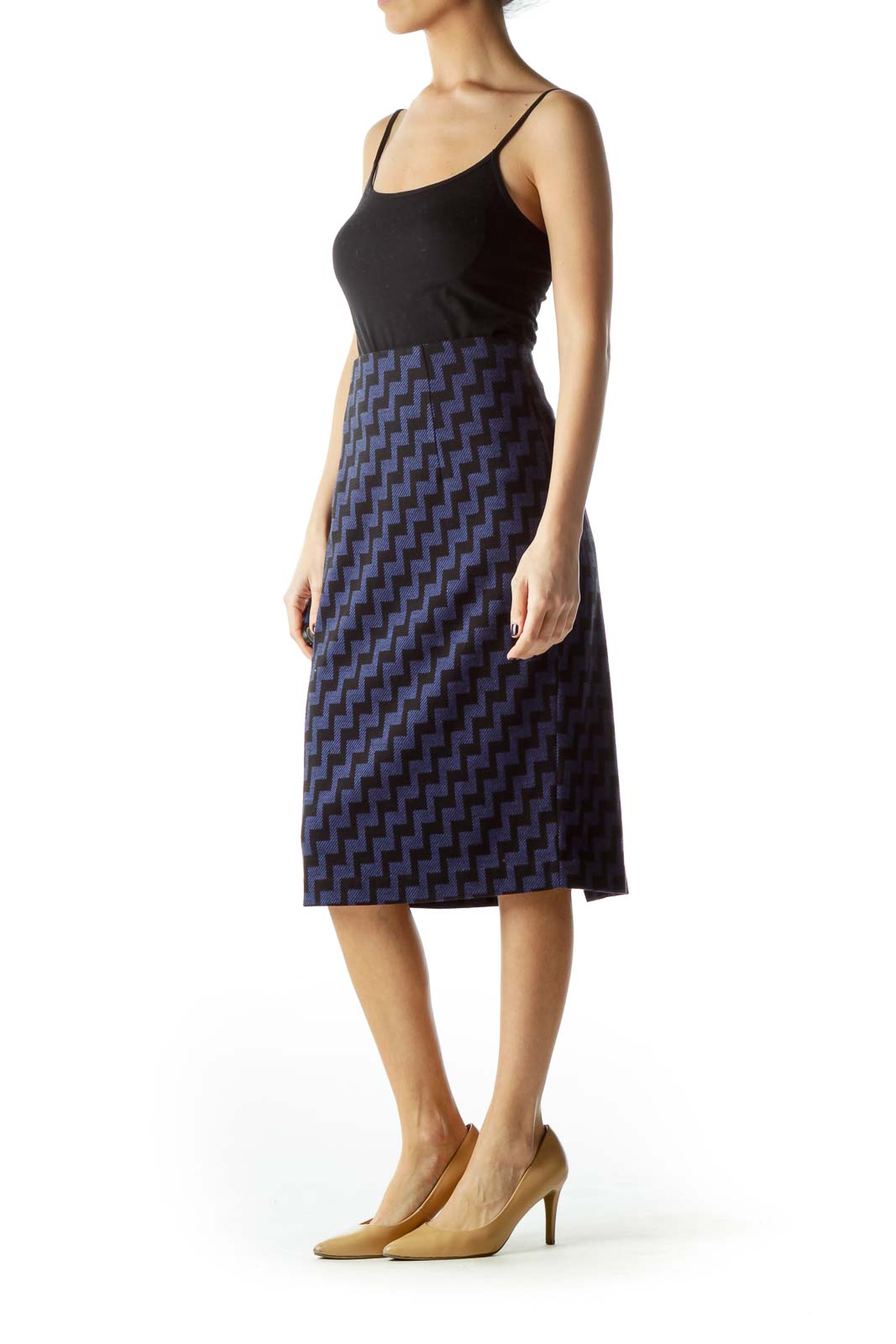 Black Blue Geometric Print Midi Pencil Knit Skirt