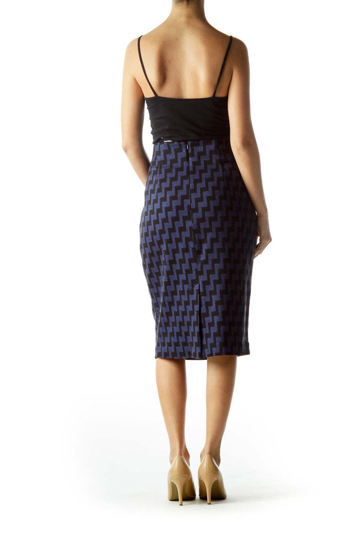 Black Blue Geometric Print Midi Pencil Knit Skirt