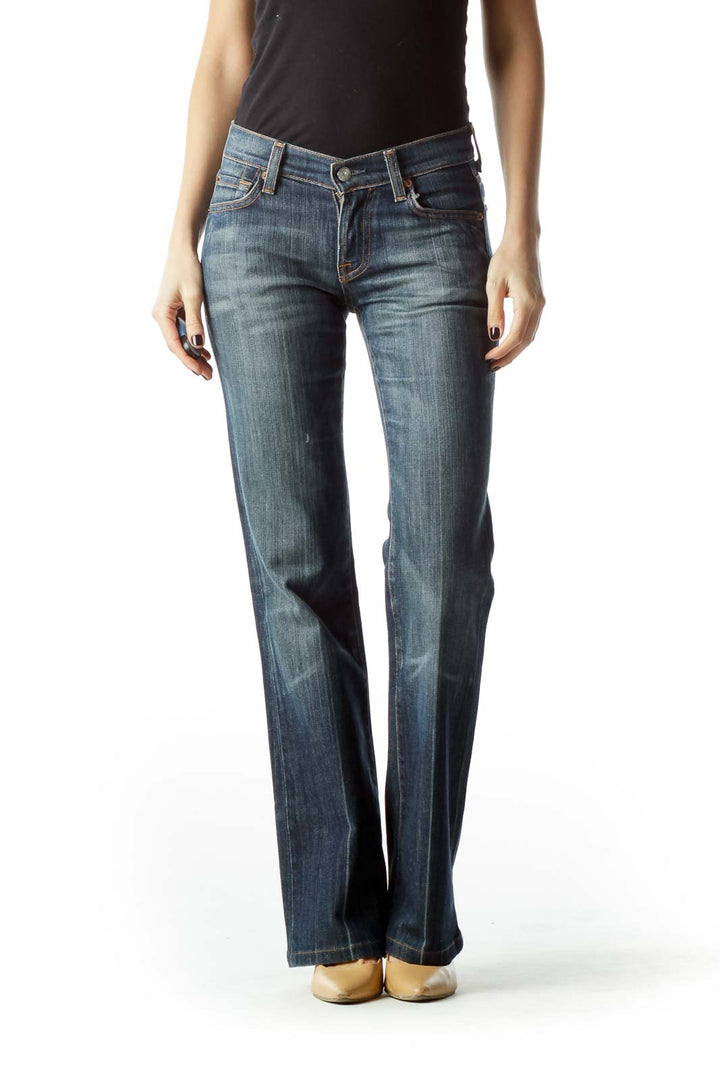 Blue Medium-Wash Flared Denim Jeans