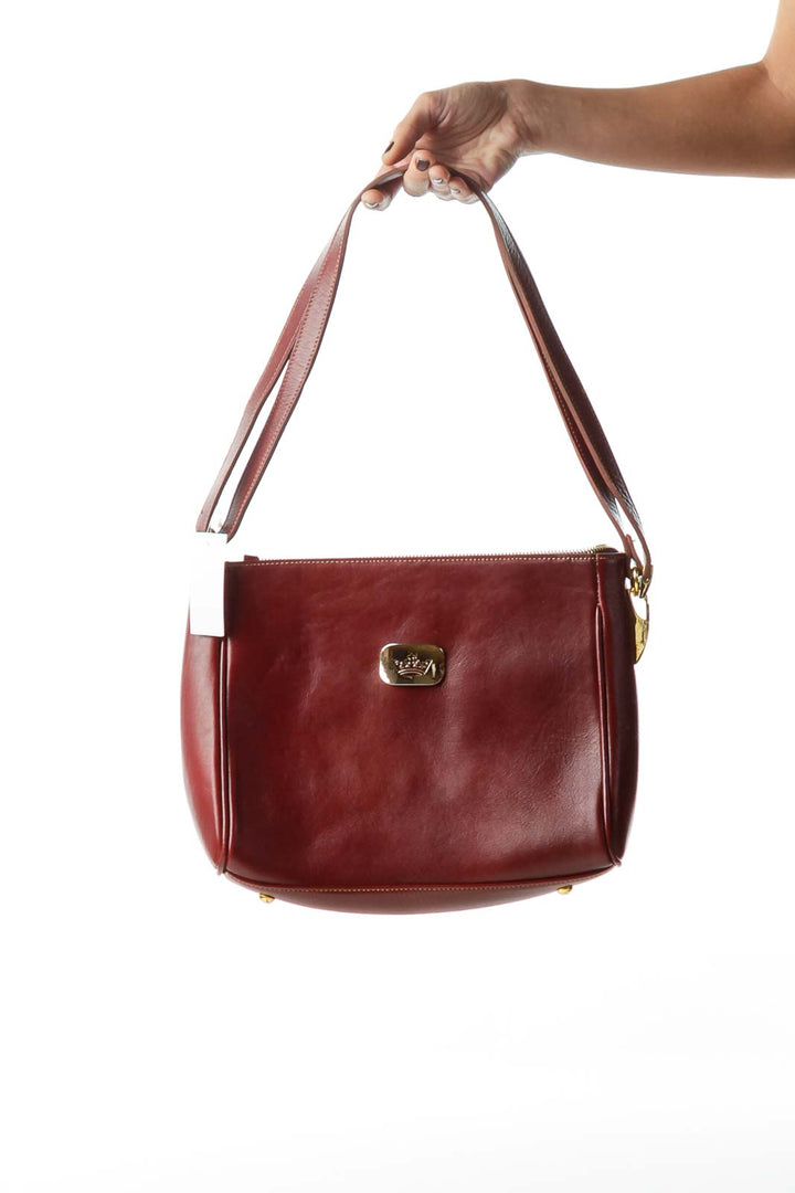 Burgundy Shoulder Bag with Gold Metal Accents