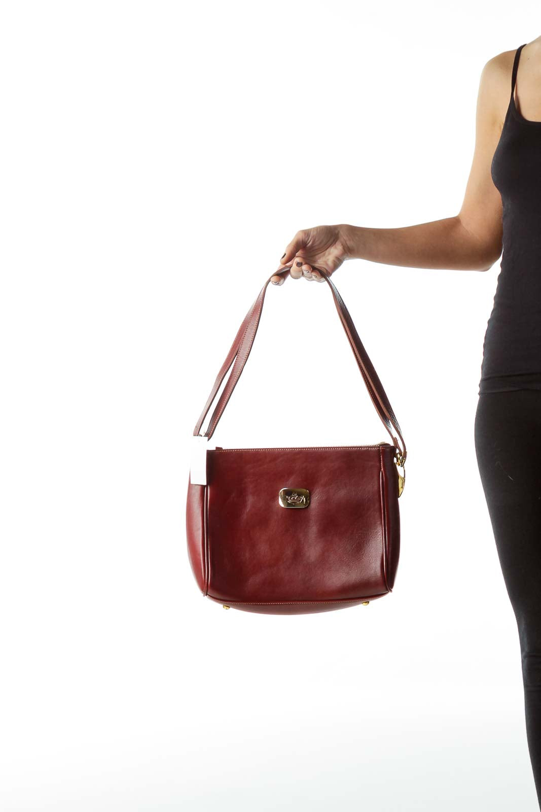 Burgundy Shoulder Bag with Gold Metal Accents