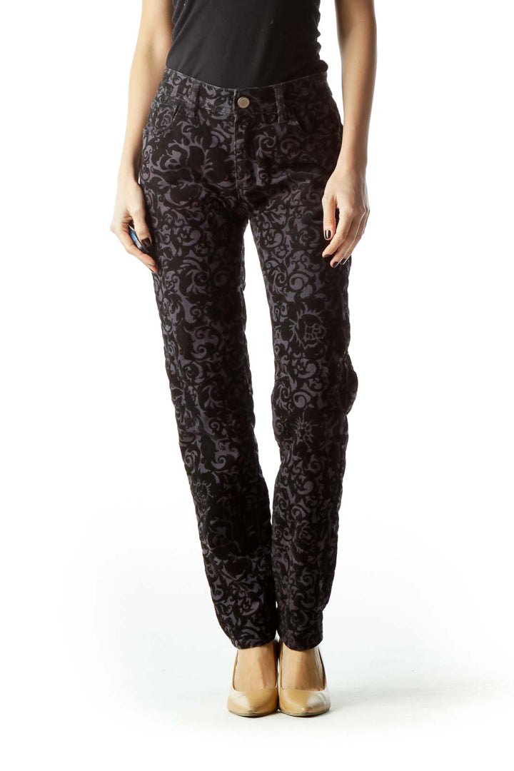 Black Gray Velvet Textured Embossed Pants