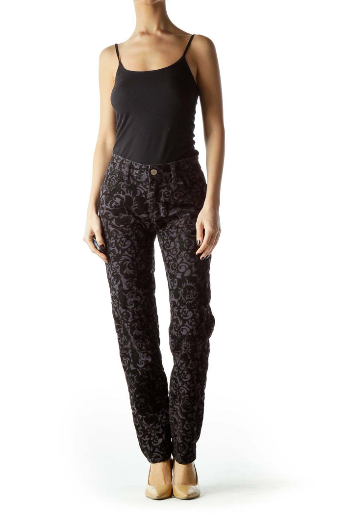 Black Gray Velvet Textured Embossed Pants