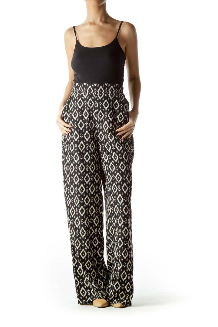 Black Beige Geometric Print Pants