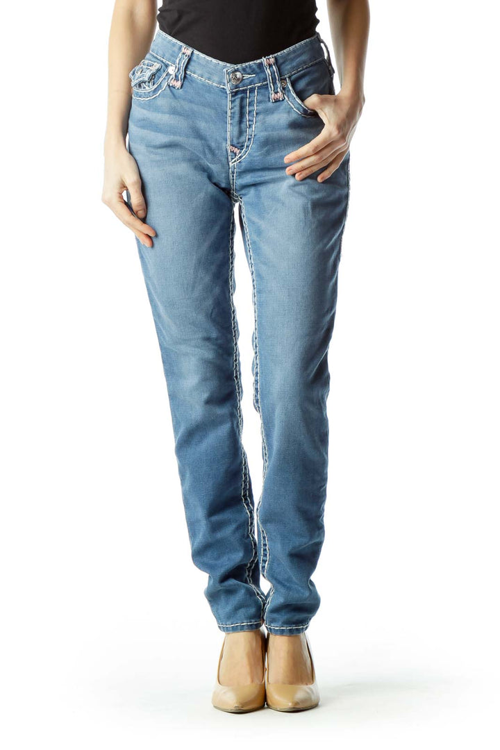 Blue Large Stitch Detail Skinny Jeans