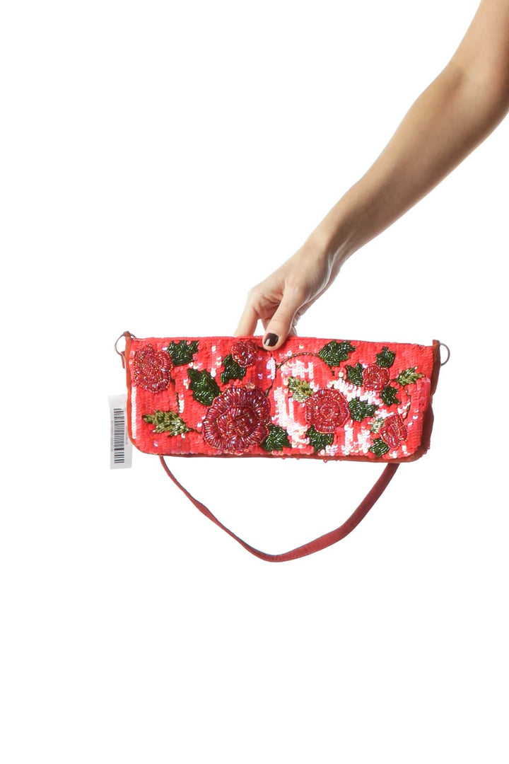 Red Green Beaded Flowers with Sequins Bag