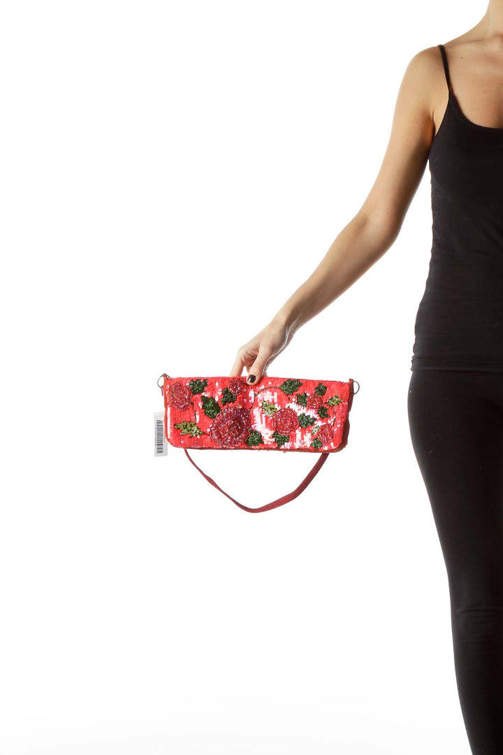 Red Green Beaded Flowers with Sequins Bag