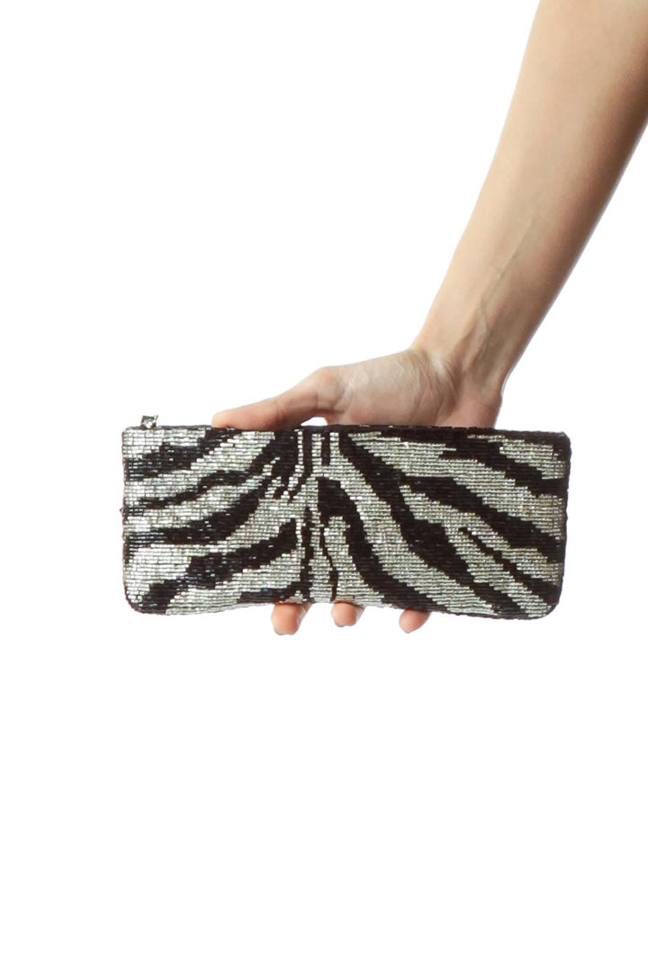 Black White Beaded Zebra Design Clutch