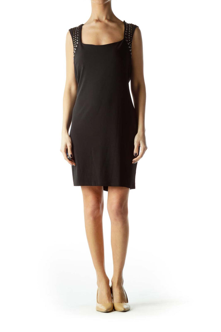 Black Stretch Metallic Neck Embellished Dress