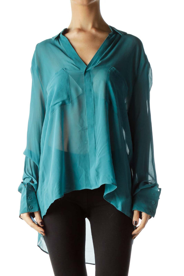 Teal Pocketed Collared See-Through Blouse