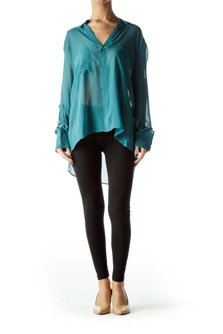 Teal Pocketed Collared See-Through Blouse