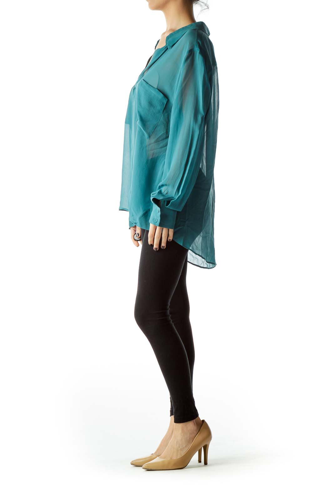 Teal Pocketed Collared See-Through Blouse