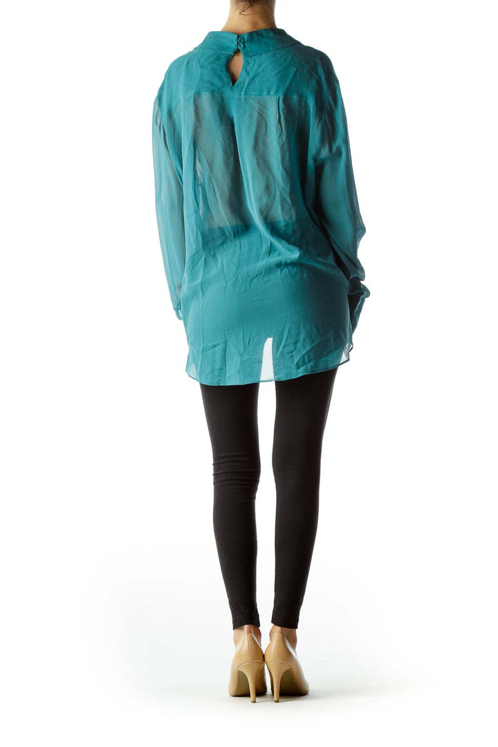 Teal Pocketed Collared See-Through Blouse