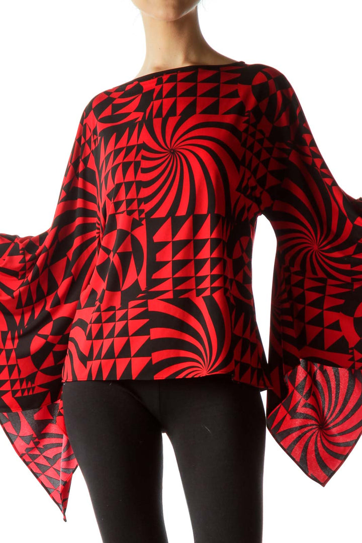 Red Black Geometric Print Wide Sleeves Top