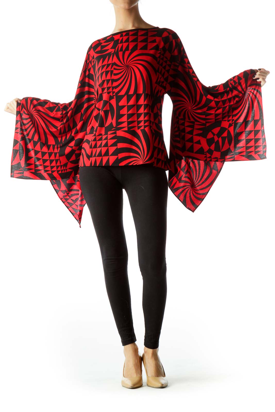 Red Black Geometric Print Wide Sleeves Top