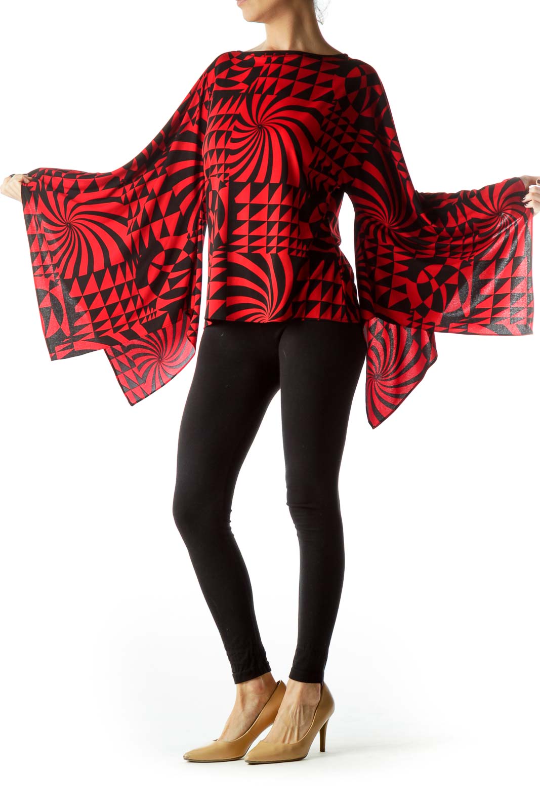 Red Black Geometric Print Wide Sleeves Top