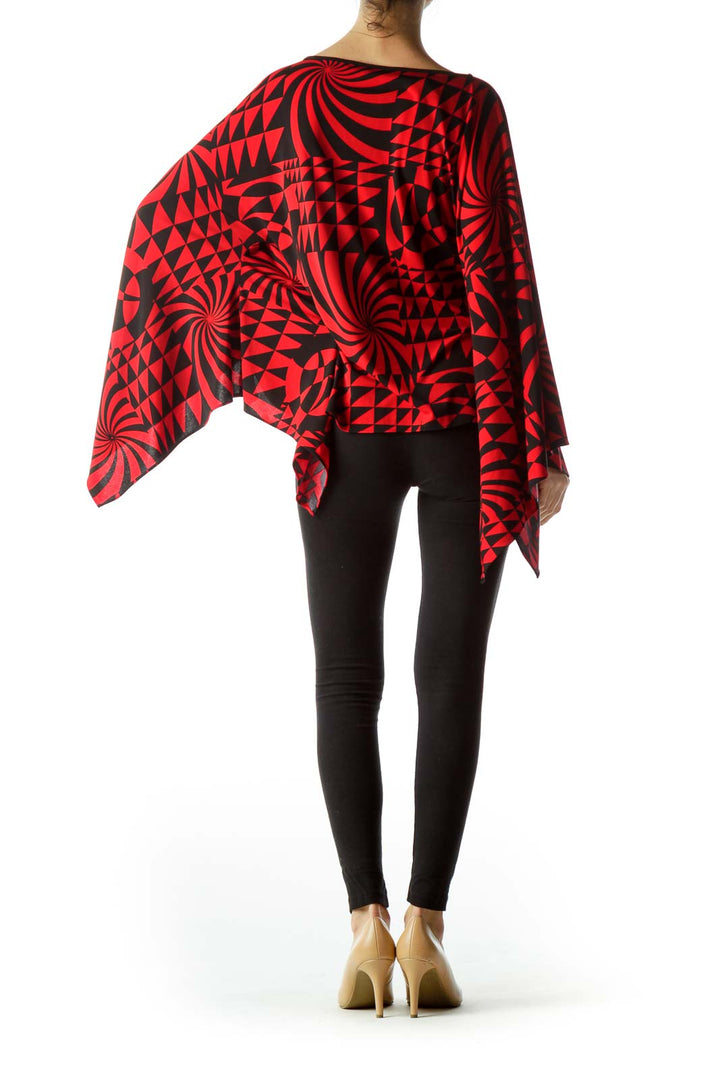 Red Black Geometric Print Wide Sleeves Top