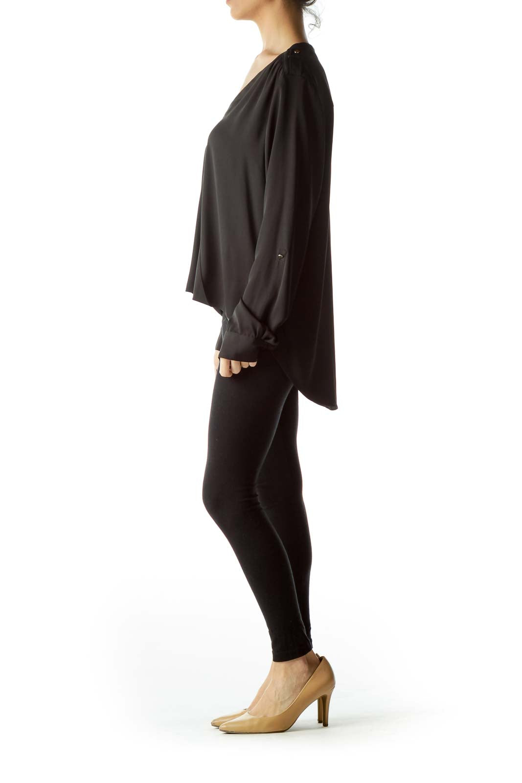 Black Metal Buttons Long Sleeve Blouse