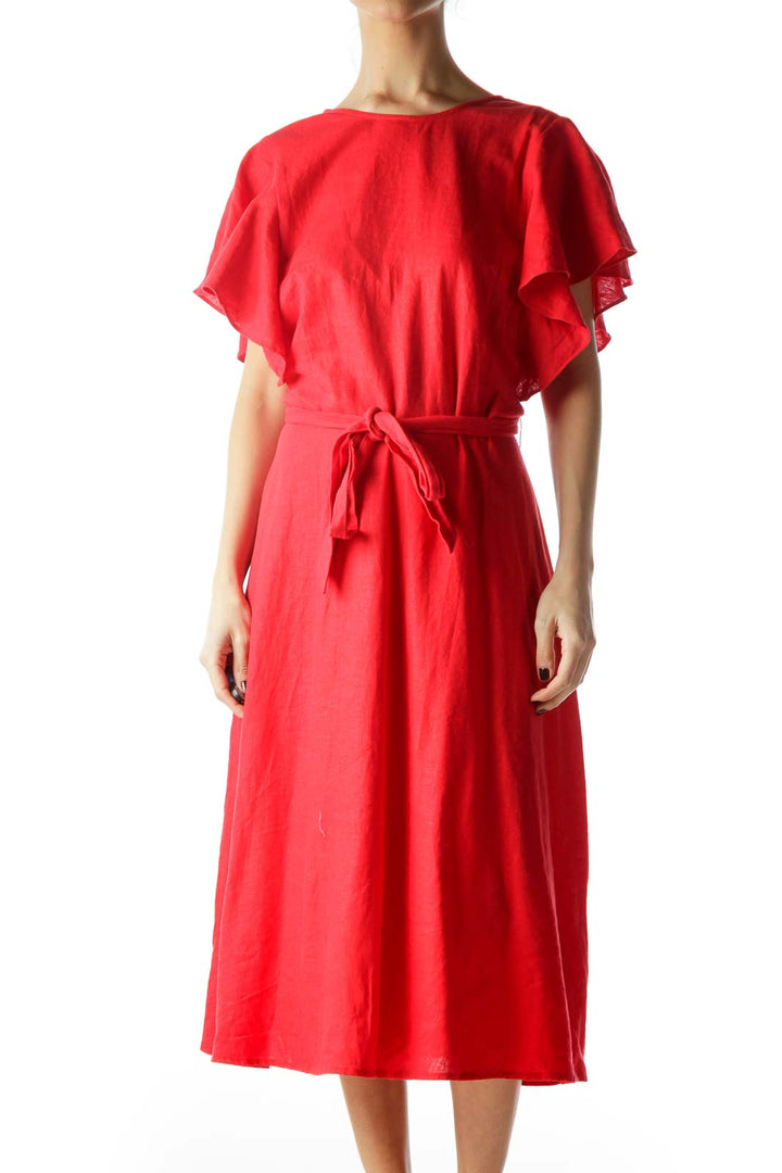 Red Flared Sleeves Day Dress with Belt