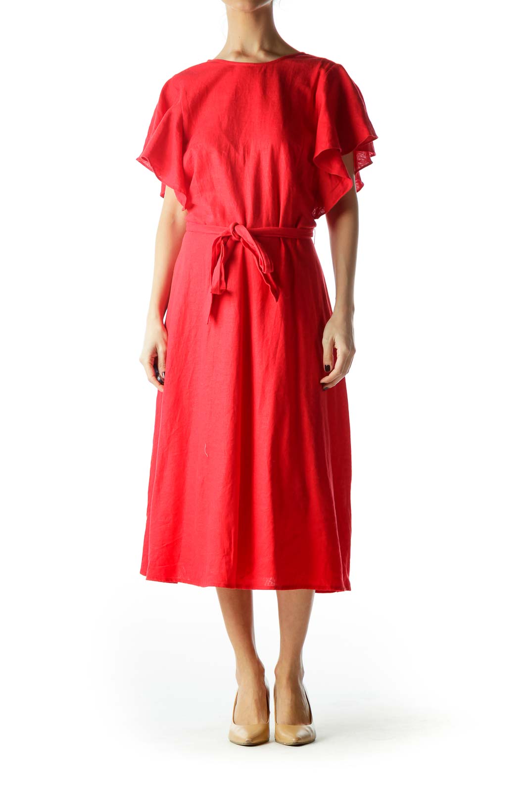 Red Flared Sleeves Day Dress with Belt