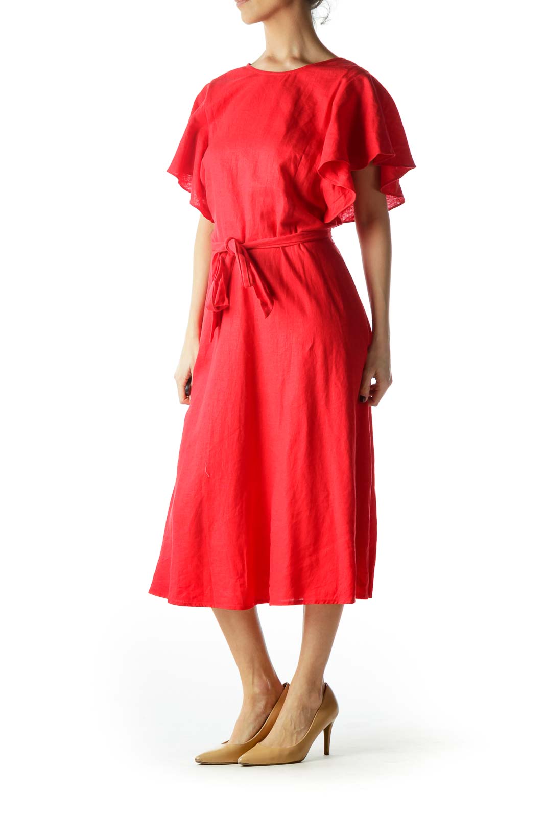 Red Flared Sleeves Day Dress with Belt